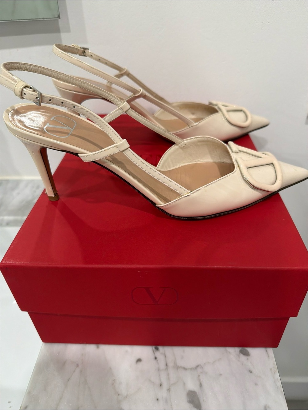 Valentino Ivory Patent Pointed-Toe Slingback Pumps with V Logo - Picture 3 of 3